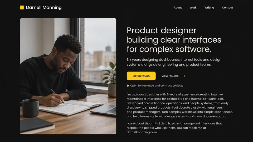 Resume website design, product designer in black and yellow, open to freelance: black page with bright yellow accents, a photo of a man sketching in a notebook at a desk, a white headline and a yellow contact button