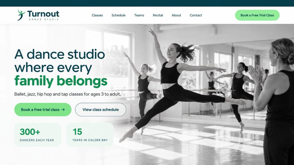 Dance studio website design, family studio with a black-and-white leap: white page with green accents, a teal and green headline, a black-and-white photo of dancers leaping, green buttons and stat cards