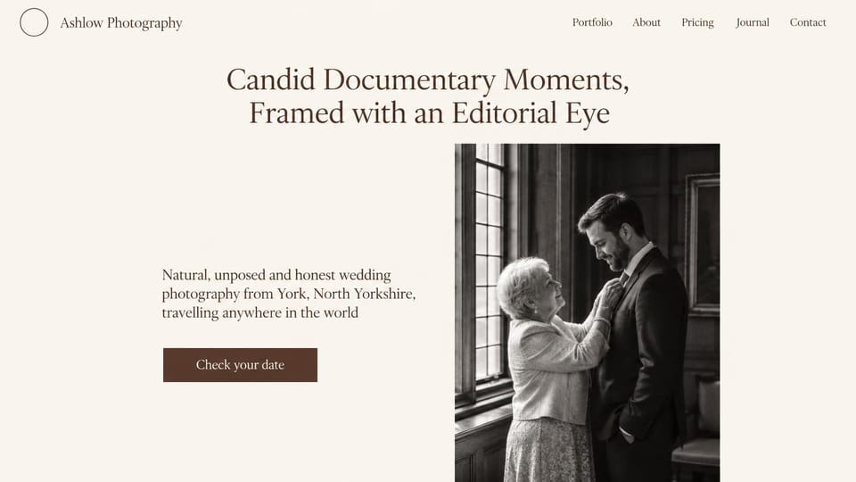 Wedding photographer website design, documentary wedding photographer with a tall sepia portrait: cream page, a centered dark serif headline, a short intro and a brown button at left, a tall sepia photo of an older woman straightening a groom's tie by a window