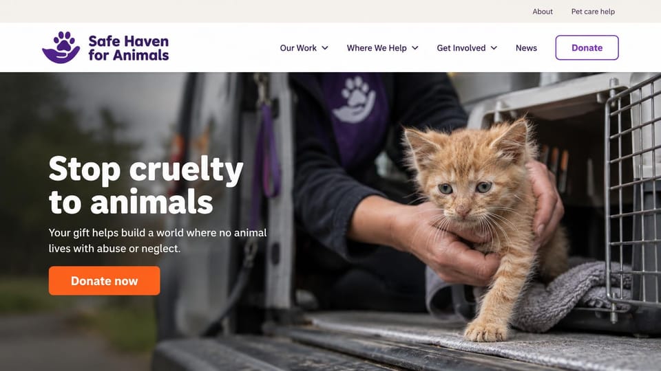 Nonprofit website design, animal welfare with a rescue in progress: a hand lifting an orange kitten from a carrier, white headline and an orange donate button
