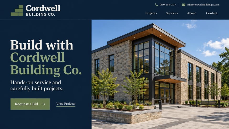 Construction website design, commercial builder with its name in the headline: navy page, a stone and black glass two-story building, a white and sage serif headline and a sage green button
