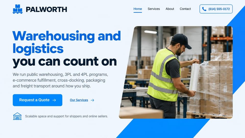 Logistics website design, public warehousing and 3PL with a blue diagonal: white page with a bright blue diagonal, blue and navy headline, a worker stretch-wrapping a pallet in a warehouse, blue quote button