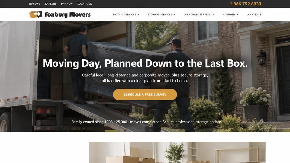 Moving company website design, long-distance and corporate moves with a free survey: dark top bar, white menu, movers loading a truck under a dark overlay, a centered white headline and a gold survey button