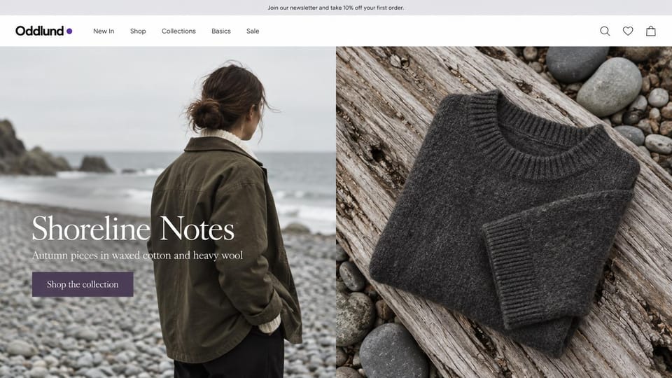 Fashion website design, waxed jackets and wool knits on a pebble beach: white header, a split of a woman in an olive waxed jacket on a pebble beach and a charcoal sweater on driftwood, a white serif headline and a purple button