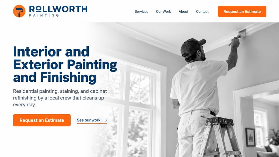 Painting website design, interior and exterior painting in black and white: white page, a navy headline, a black and white photo of a painter brushing crown molding from a stepladder, orange estimate buttons
