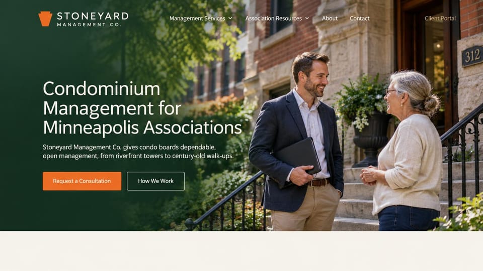 Property management website design, condo management for boards on deep green: deep green gradient over a stone walk-up, a white headline, an orange consultation button and a manager chatting with a resident