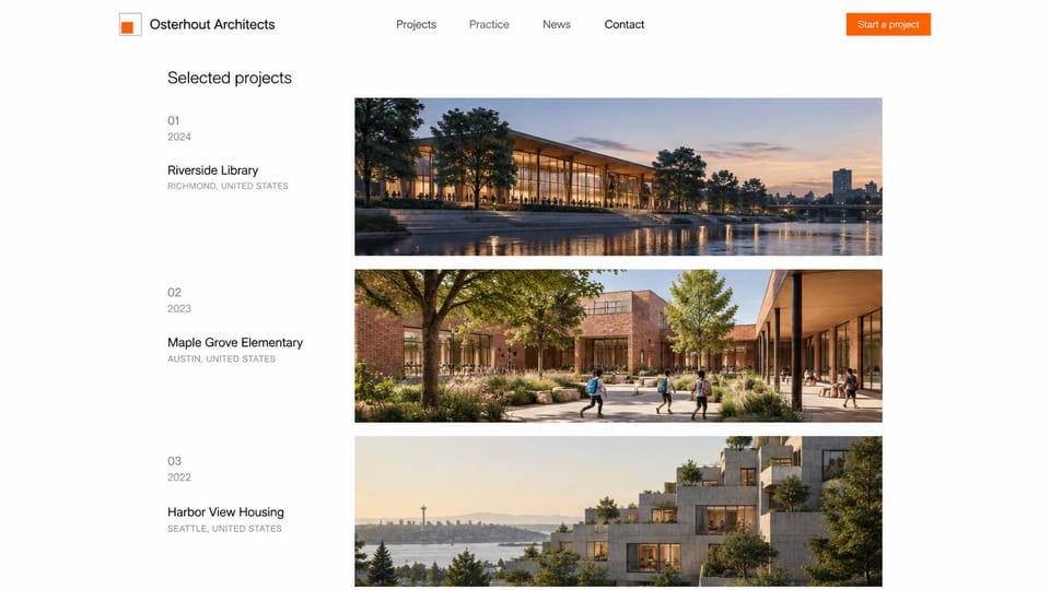 Architecture website design, schools, libraries and housing in a project list: white page, small orange logo and button, a column of project names and places beside wide photos of a riverside library, a school and terraced housing