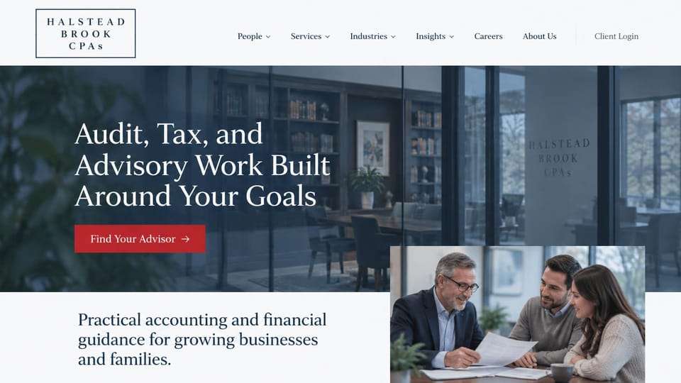 Accounting website design, traditional CPA firm with a boxed wordmark: light page with a boxed serif wordmark, a white serif headline over a dim library office, a red button and an inset photo