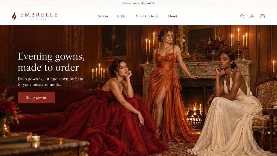 Fashion website design, couture gowns on three models by a fireplace: white header with a flame logo, three women in red, rust and champagne gowns in a candlelit wood-paneled room with a fireplace, a white serif headline and a dark red button
