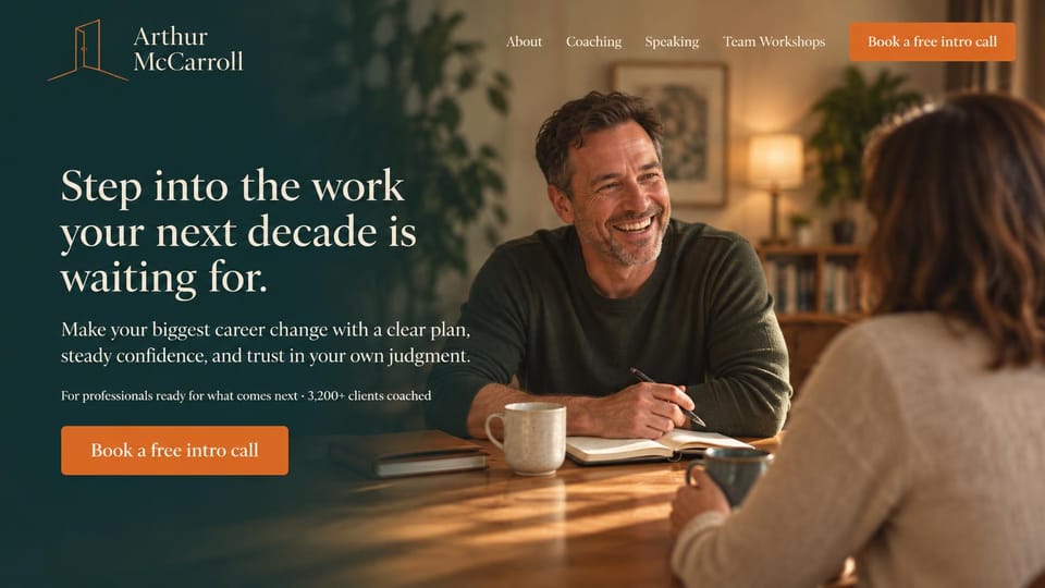 One page website design, career coach with a client across the table: dark teal panel fading into a warm photo of a smiling coach with a notebook across a table from a client, a cream serif headline and orange buttons