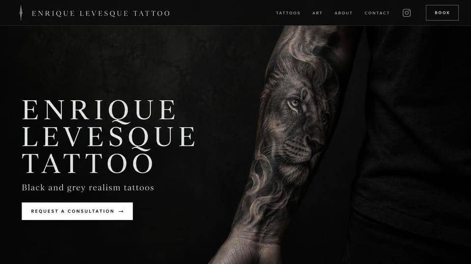 Tattoo website design, black and grey realism under the artist's own name: black page, wide-spaced white serif capitals, a forearm with a black and grey lion tattoo, a white outlined button