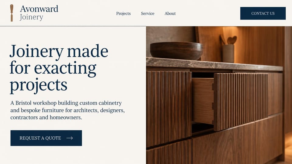 Carpentry website design, joinery for architects and contractors: ivory panel with a large navy serif headline and a navy quote button beside a close-up of fluted walnut cabinetry