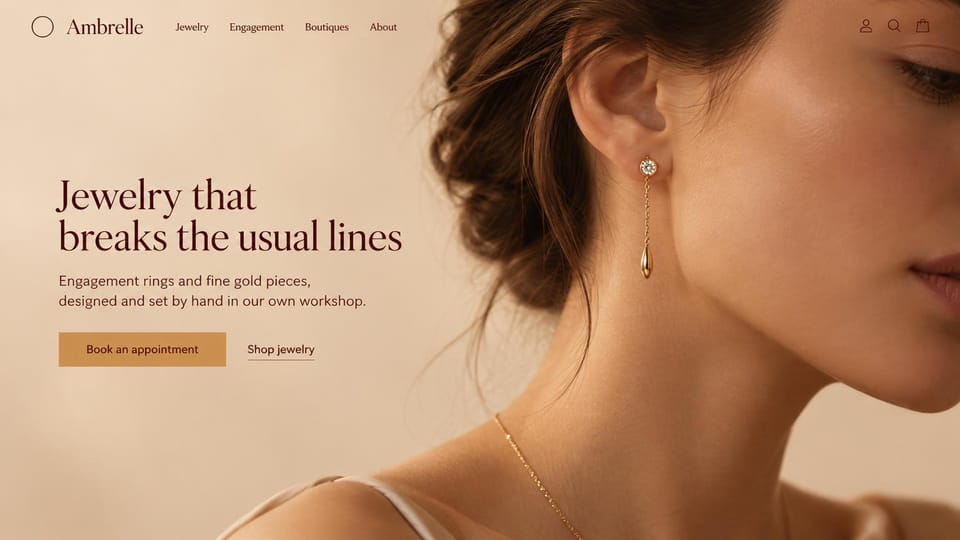 Jewelry website design, fine jewelry with an earring close-up and appointments: warm beige page, dark burgundy serif wordmark and headline, tan appointment button, close-up of a woman's profile wearing a diamond drop earring and a fine gold chain