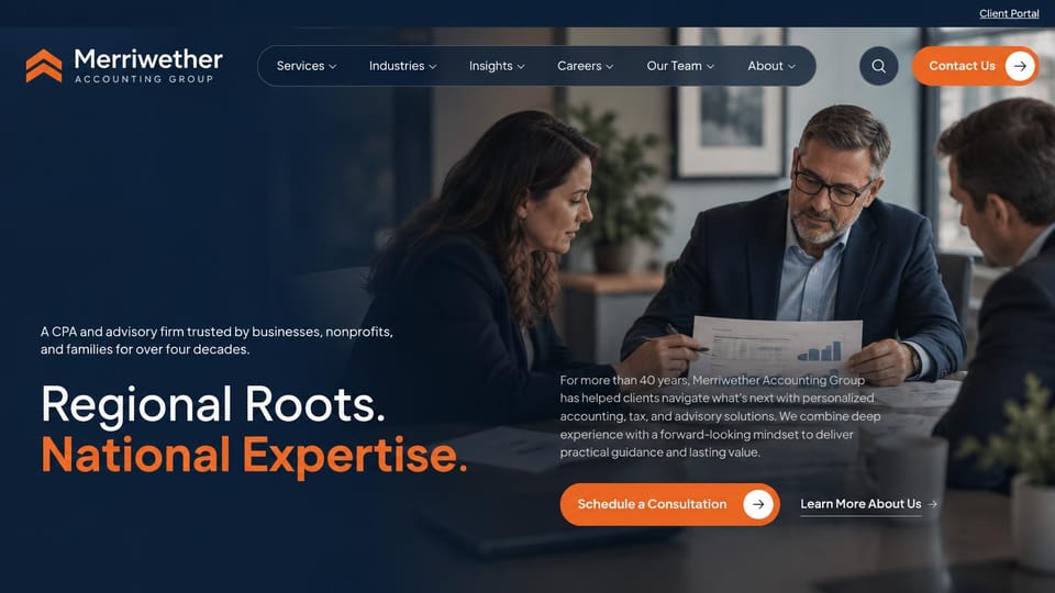 Accounting website design, regional CPA firm with a two-line promise: dark navy overlay on a client meeting, a white and orange headline, a rounded pill menu and an orange consultation button