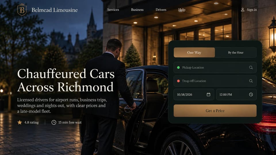 Car rental website design, city limo service with a night hotel arrival: night photo of a chauffeur opening a black sedan outside a lit hotel, a cream serif headline on the left, a dark green booking card with gold buttons on the right