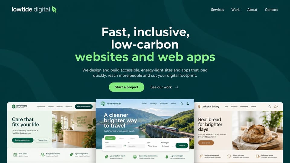 Agency website design, web agency with sustainable sites: deep green page, a white and mint headline, a green button and three website previews below