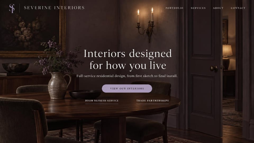 Interior design website design, moody dining rooms with trade and refresh links: a candlelit plum and brown dining room, a centered white serif headline, a lavender button and two underlined links