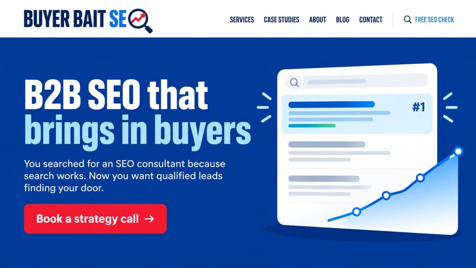 Marketing portfolio website design, b2B SEO with a search results card: deep blue hero, a bold condensed white and pale blue headline, a red button and a search results card with a rising chart