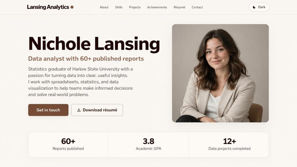 Resume website design, data analyst graduate with a GPA in the stats row: cream page, a large dark brown name, a brown role line, a brown get in touch button, an outlined résumé button, a portrait of a woman in a beige blazer and a row of three stats