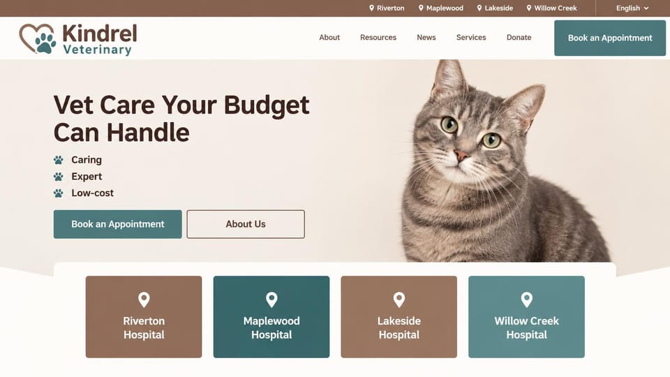Veterinary website design, low-cost clinics in teal and clay: cream page, a dark headline with paw bullet points, teal and outlined buttons, a tabby cat photo, four location tiles in brown and teal