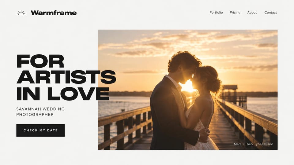 Wedding photographer website design, wedding photographer with bold modern type: off-white page, huge black sans capitals overlapping a sunset photo of a couple on a pier, small capitals and a black button