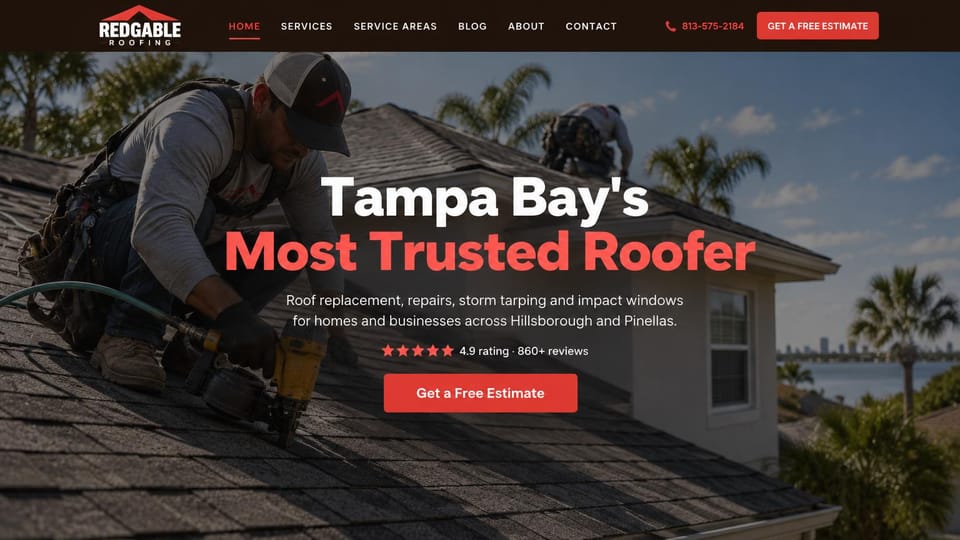 Contractor website design, storm-ready roofing with a red headline: a roofer nailing shingles under a dark overlay, a white and red headline and a red estimate button