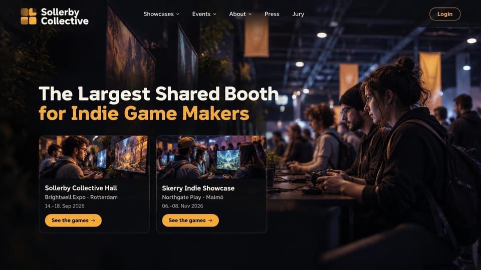 Gaming website design, shared indie booth with showcase cards: dark expo hall photo of players at monitors under orange banners, bold white and amber headline, two dark event cards with photos, amber buttons and an outlined login button