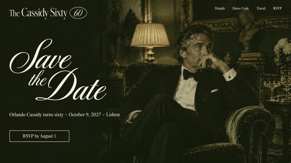 Event website design, black-tie birthday save-the-date in sepia: sepia photo of a man in a tuxedo in a velvet armchair, huge ivory script headline, outlined RSVP button