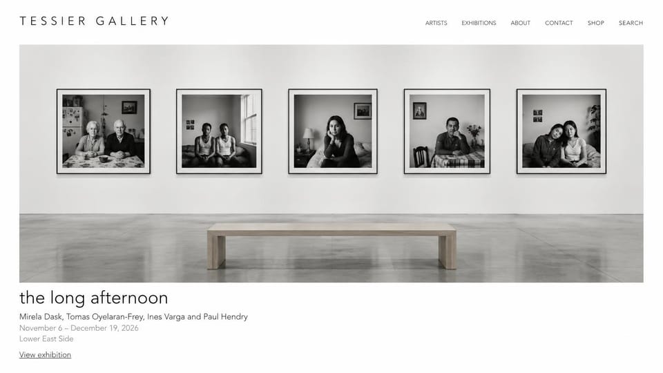 Art gallery website design, photography show on a white wall: white page, a spaced capital wordmark, five framed black and white portraits on a gallery wall above a bench, a lowercase show title and small gray details