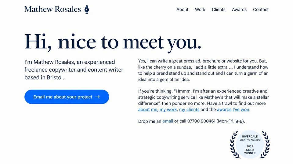 Writer website design, freelance copywriter with a friendly hello and awards: white page, large navy serif hello, bright blue email button, two columns of text, award laurel