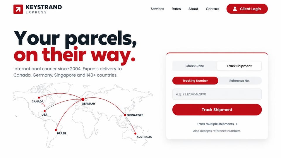 Logistics website design, international courier with a route map: white page, large black and red headline, a gray world map with red routes, a white panel with a red track button