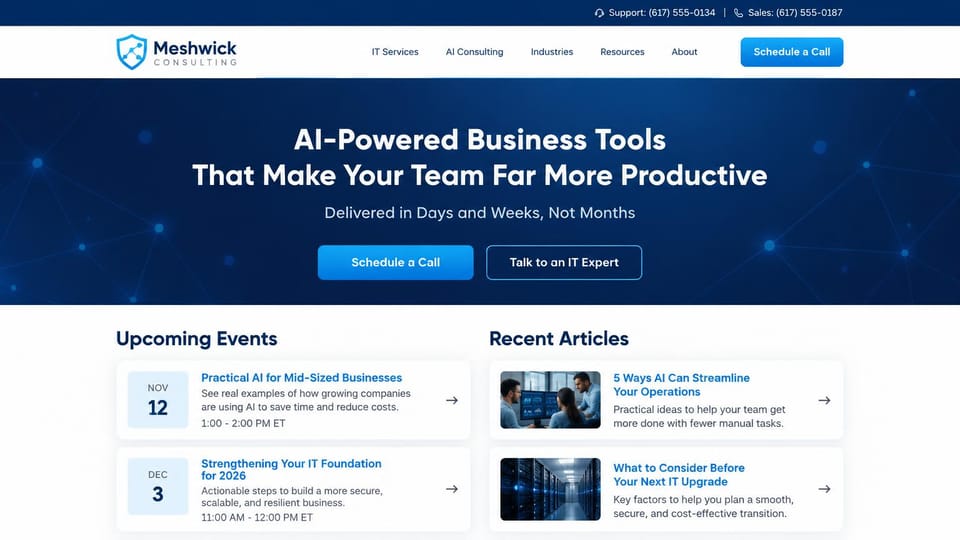 IT company website design, aI and IT consulting with events and articles: white header, a blue hero band with a centered white headline and blue and outlined buttons, cards for upcoming events and recent articles below