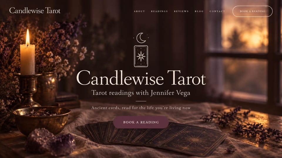Astrology website design, tarot readings in amber candlelight: candlelit still life of dark tarot cards, a brass bowl and dried lavender by a sunset window, a centered cream serif name and a plum button