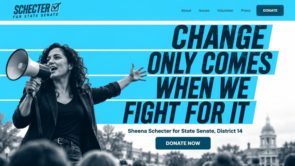Political campaign website design, state senate rally poster in cyan: bright cyan bands behind a giant navy italic slogan, a black and white photo of a woman with a megaphone before a crowd