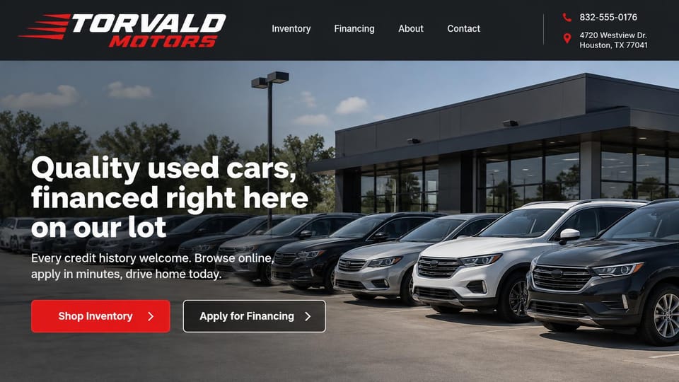 Car dealership website design, buy-here-pay-here lot with financing in the headline: black header with a red speed-line logo, phone and address, a row of used cars outside a modern showroom, bold white headline, a red shop button and an outlined financing button