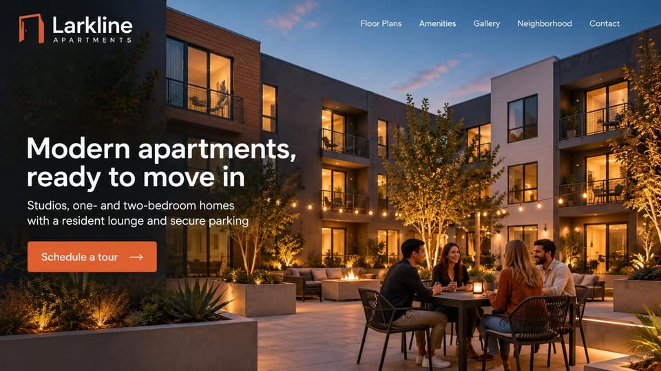 Apartment website design, modern apartments with neighbors in a lit courtyard: a modern apartment courtyard at dusk with string lights, a fire table and four residents at a table, white sans headline at the left, orange tour button