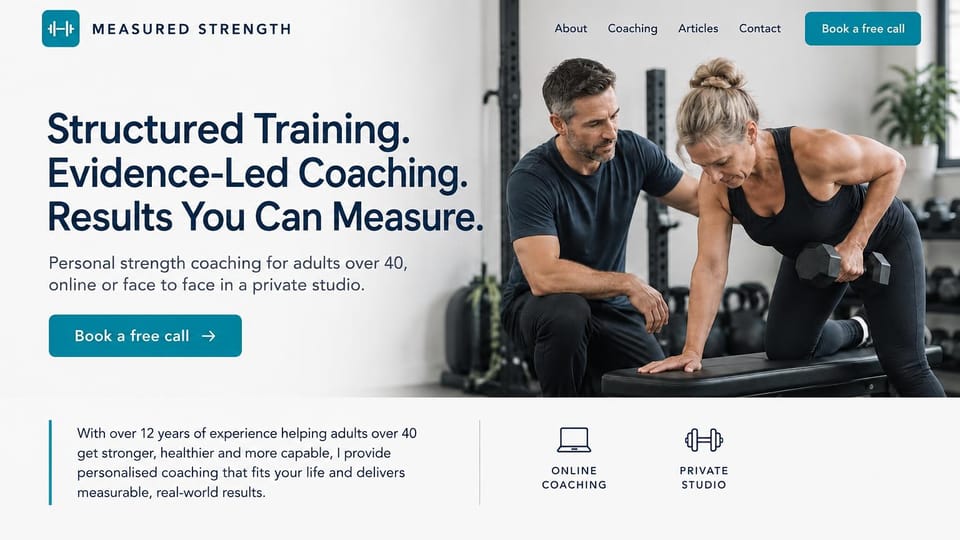 Personal trainer website design, evidence-led coaching for adults over 40: white page, a navy headline in three short lines, teal buttons, a coach guiding a woman's one-arm dumbbell row, icon tiles for online coaching and a private studio