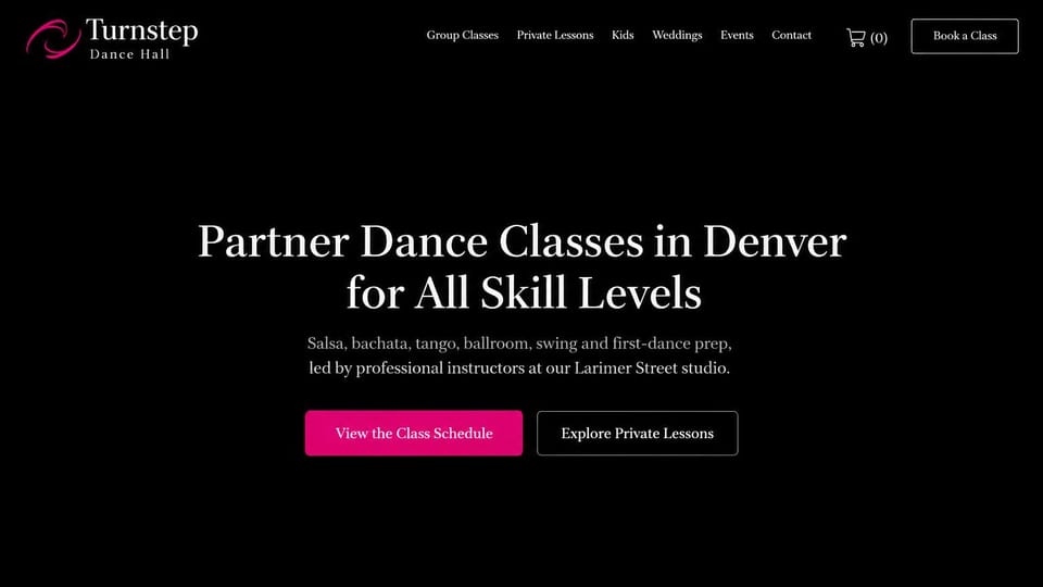 Dance studio website design, partner dance hall with no photos: black page, a centered white serif headline, a magenta button and an outlined button, a small cart icon in the header