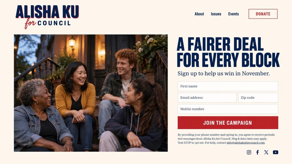 Landing page website design, city council with neighbors on a stoop: cream page, a bold navy name logo, four neighbors talking on a front stoop at dusk, a condensed headline and a red signup button