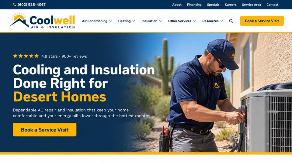 Contractor website design, cooling and insulation for hot climates: a technician at an AC unit beside a desert home, a white and gold headline and a yellow button