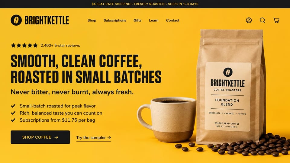 Cafe website design, coffee roaster in sunny yellow: yellow page, a black condensed headline and checklist beside a coffee bag, mug and beans