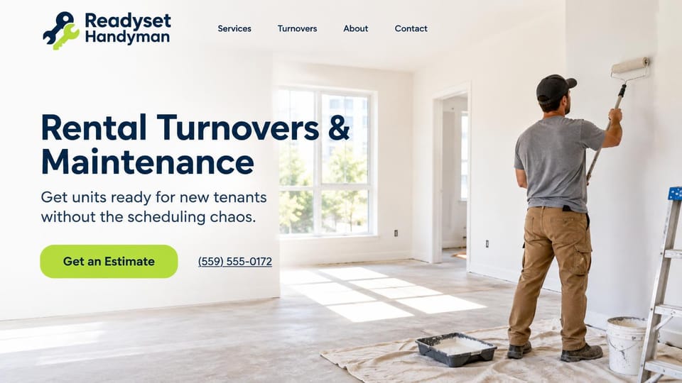 Handyman website design, rental turnovers in a bright empty room: white sunlit page, a navy and lime key logo, a navy headline, a lime estimate button and a painter rolling a wall in an empty room