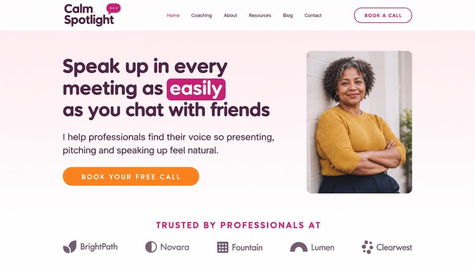 Coaching website design, public speaking coach with a highlighted word: pale pink page, a plum headline with one word on a magenta highlight, an orange button and logos below