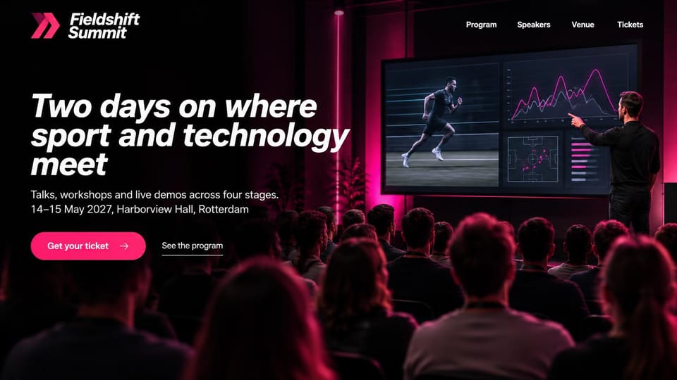 Event website design, sports technology summit in black and magenta: dark hall lit in magenta, bold white italic headline, pink ticket button, a presenter pointing at a screen of sprint footage, charts and a pitch map