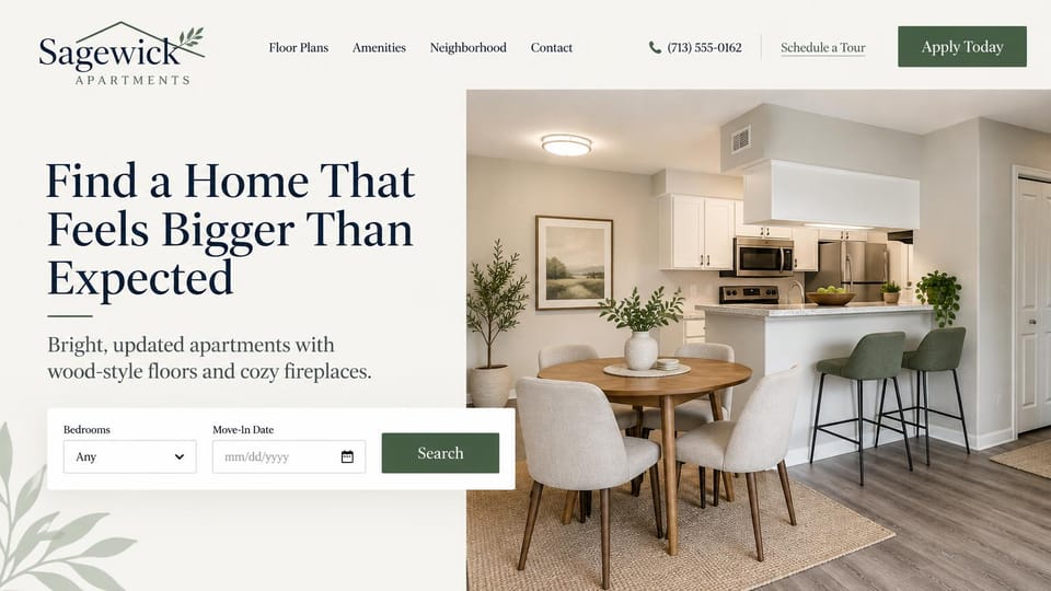 Apartment website design, apartment search by bedrooms and move-in date: cream left panel with a leafy logo, large dark serif headline, a search box for bedrooms and move-in date with a green button, a bright kitchen and dining room on the right