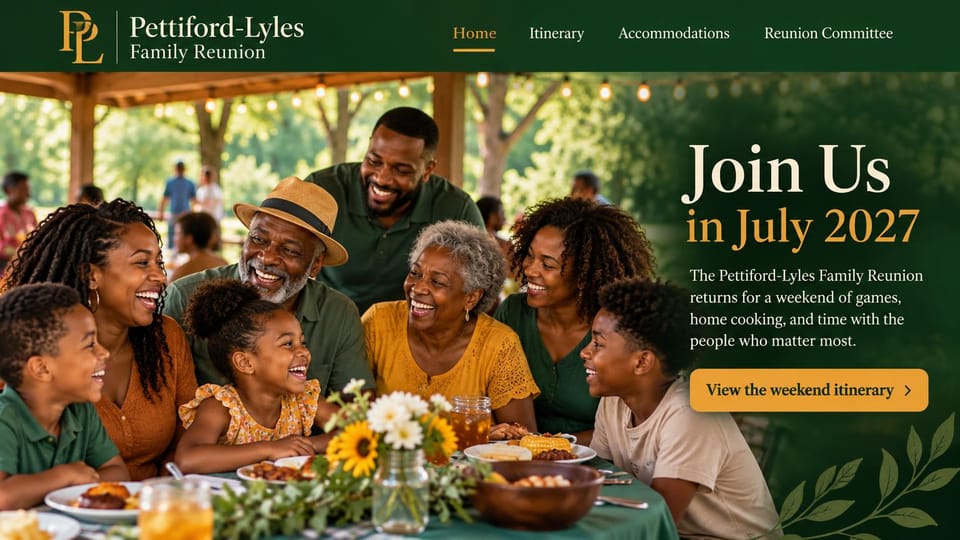 Event website design, family reunion in deep green and gold: deep green bar with a gold monogram, photo of a laughing family at a picnic table under a pavilion, cream and gold serif headline, gold button