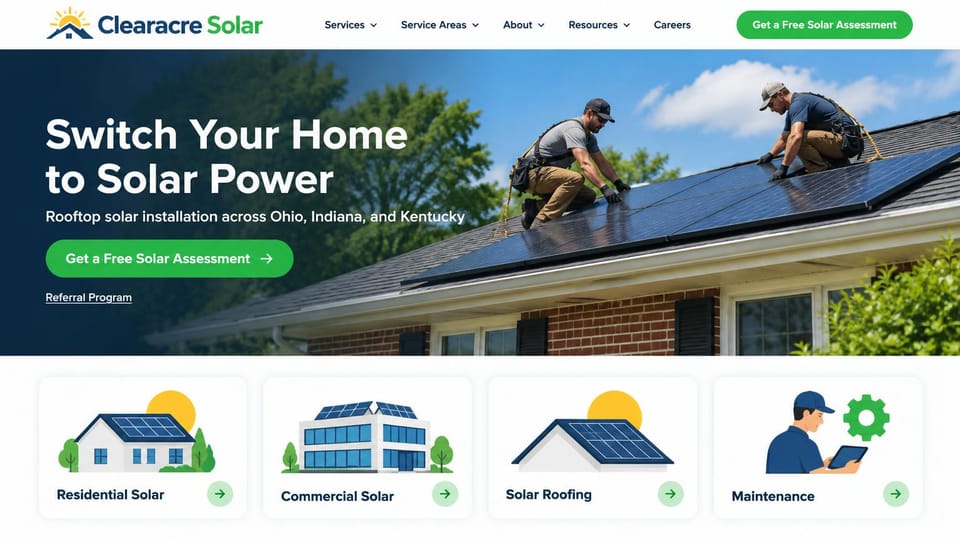 Solar website design, rooftop solar with illustrated service cards: white menu with a green assessment button, a photo of two installers on a brick home's roof under a navy shade, a white headline, a green button, four white cards with flat illustrations