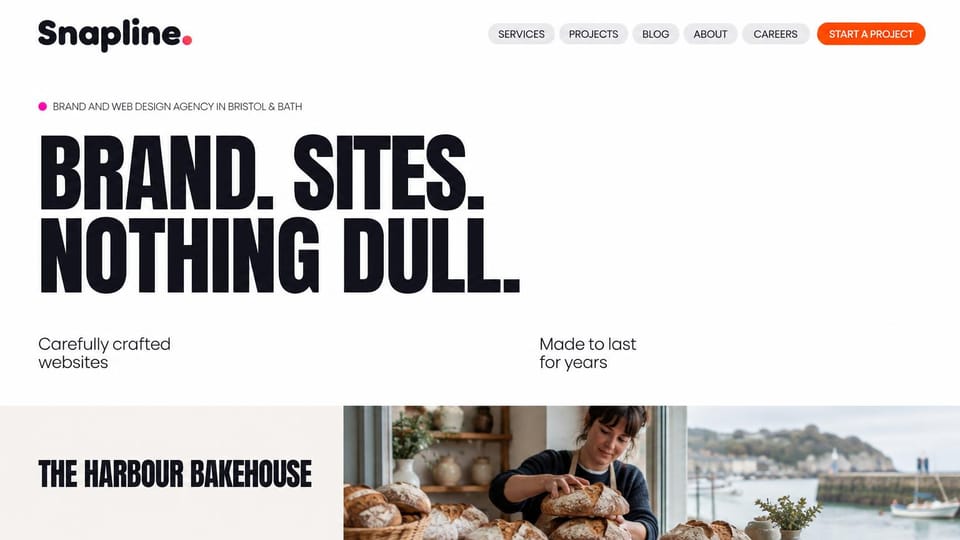 Agency website design, brand and web studio with a loud headline: white page, a huge black condensed uppercase headline and a project banner with a baker and harbor photos