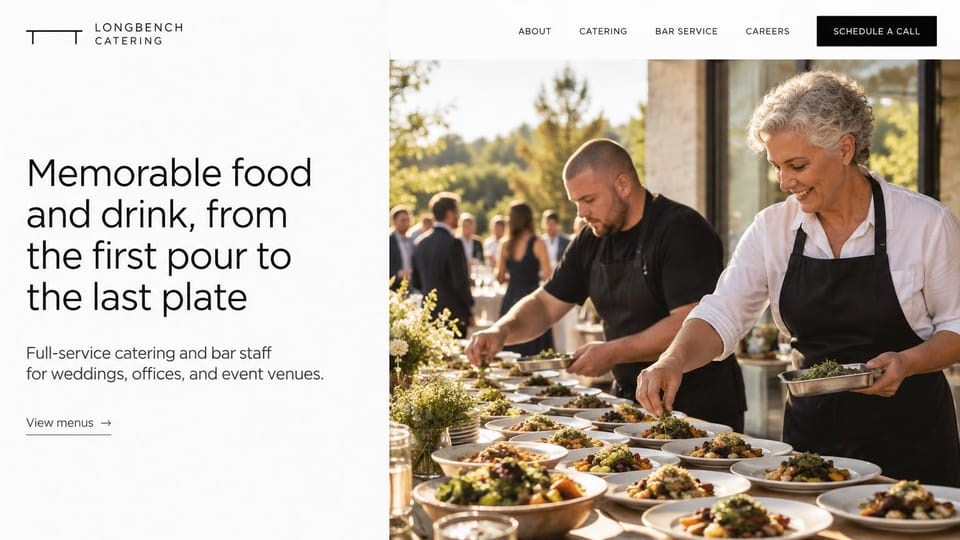 Catering website design, catering and bar staff on a minimal white page: white page, a large thin black headline, a black schedule a call button and two cooks serving a long outdoor buffet