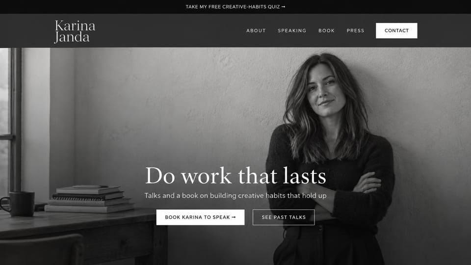 Author website design, author and speaker in black and white: black and white portrait of a woman by a window, a white serif headline and outlined buttons